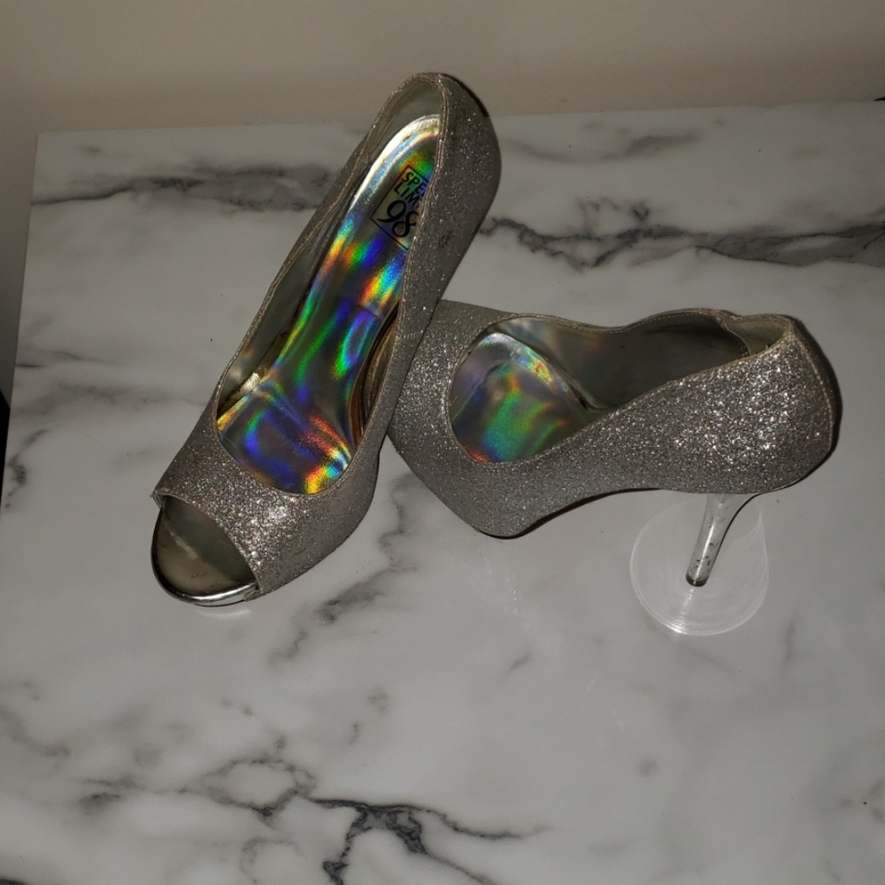 Chrome peep toe pumps